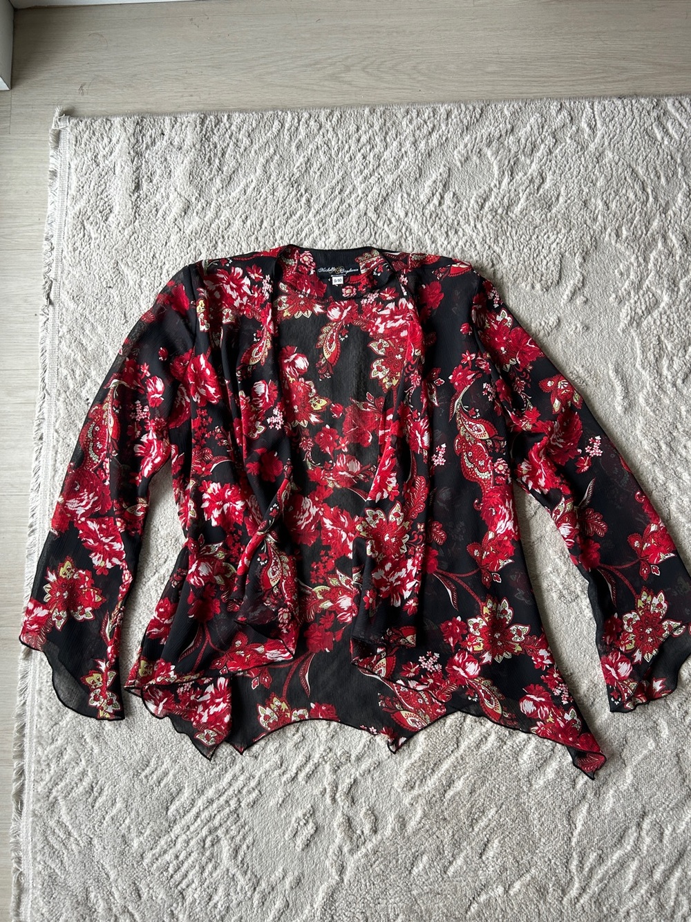 Vintage 90s Whimsigoth Sheer Mesh Floral Blouse Bell Sleeve M (9/10)